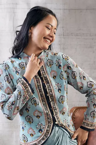Sarouk Blue Printed Drape Skirt Set