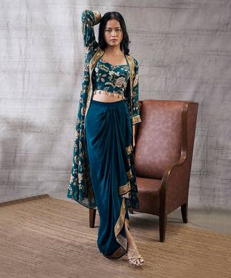 Mehr Green Printed Drape Skirt Set 1