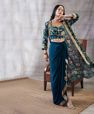 Mehr Green Printed Drape Skirt Set 2