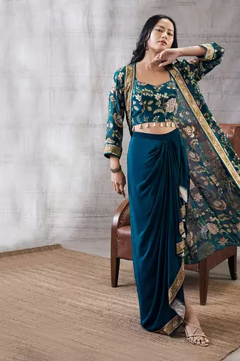 Mehr Green Printed Drape Skirt Set