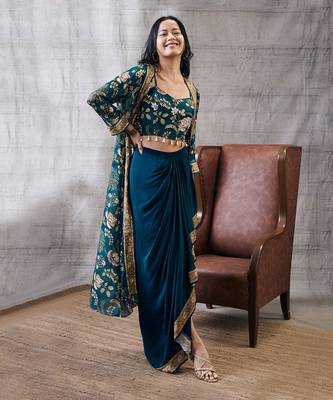 Mehr Green Printed Drape Skirt Set 3