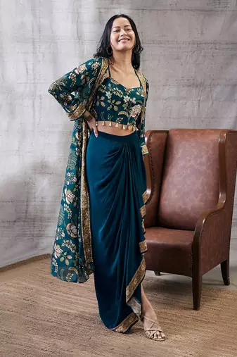 Mehr Green Printed Drape Skirt Set