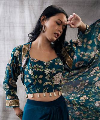 Mehr Green Printed Drape Skirt Set 5