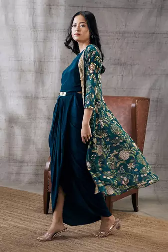 Mehra Green Drape Jacket Set
