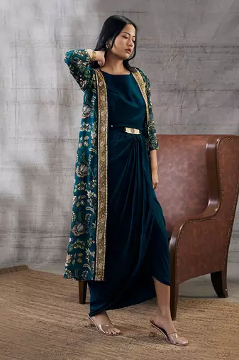 Mehra Green Drape Jacket Set