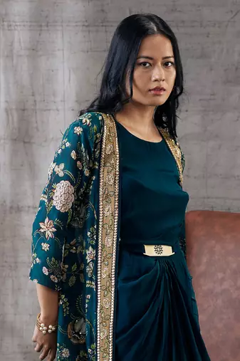 Mehra Green Drape Jacket Set