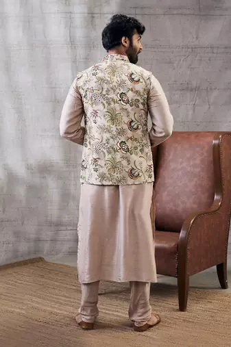 Mehr Beige Printed Bundi Set