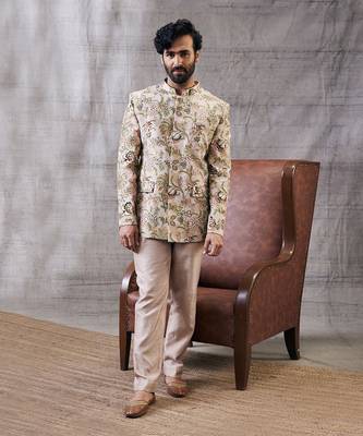 Mehr Beige Printed Bandhgala Set 3