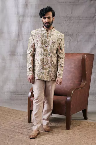 Mehr Beige Printed Bandhgala Set