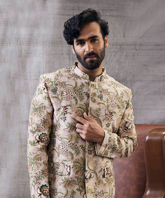 Mehr Beige Printed Bandhgala Set 4