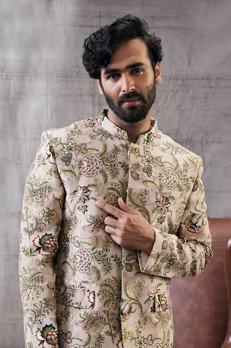 Mehr Beige Printed Bandhgala Set