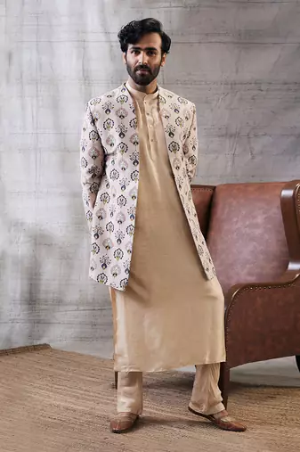 Sarouk Beige Printed Longline Jacket Set