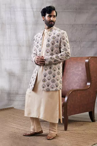 Sarouk Beige Printed Longline Jacket Set