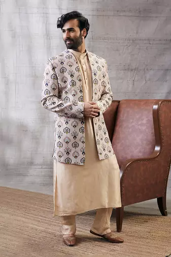Sarouk Beige Printed Longline Jacket Set