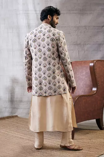 Sarouk Beige Printed Longline Jacket Set