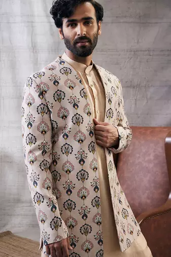 Sarouk Beige Printed Longline Jacket Set