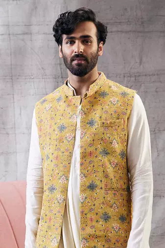 Zahra Yellow And Beige Sequin Bundi Set