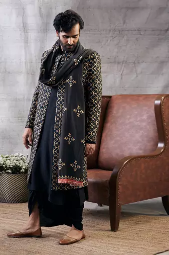Zahra Black Printed Longline Jacket Set