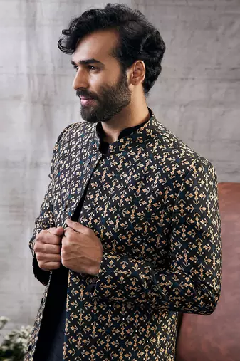 Zahra Black Printed Longline Jacket Set