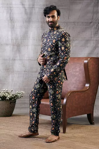 Zahra Black Printed Bandhgala Set