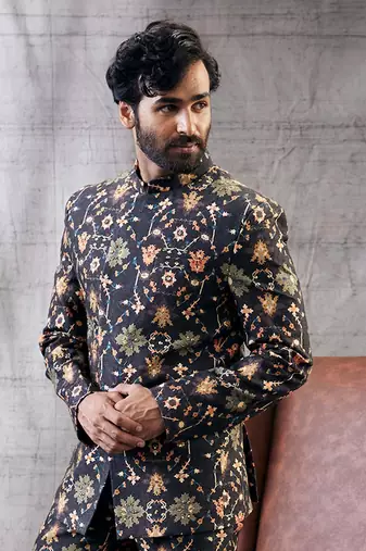 Zahra Black Printed Bandhgala Set