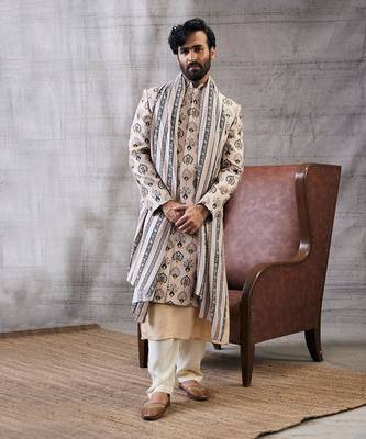 Sarouk Beige Printed Sherwani Set 1