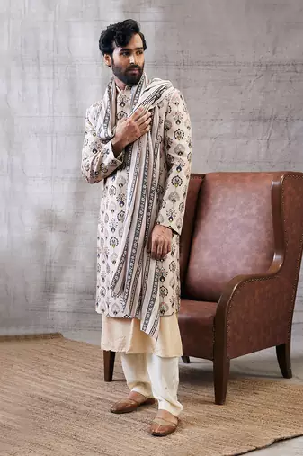 Sarouk Beige Printed Sherwani Set
