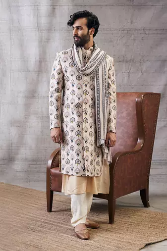 Sarouk Beige Printed Sherwani Set