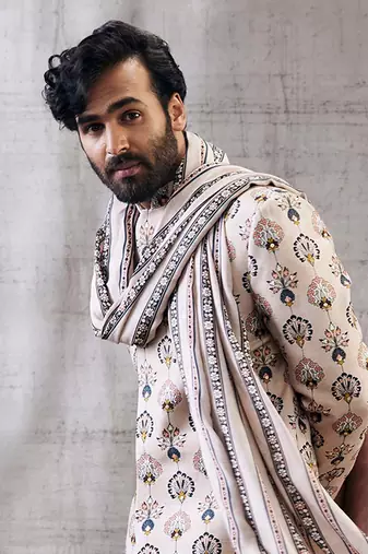 Sarouk Beige Printed Sherwani Set
