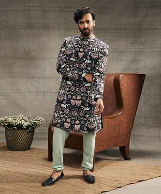 Pastel Multi Color Floral Printed Sherwani Set 1