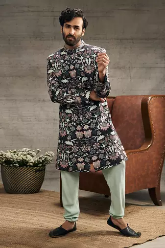 Pastel Multi Color Floral Printed Sherwani Set