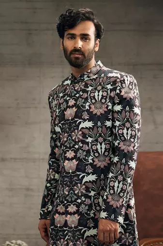 Pastel Multi Color Floral Printed Sherwani Set