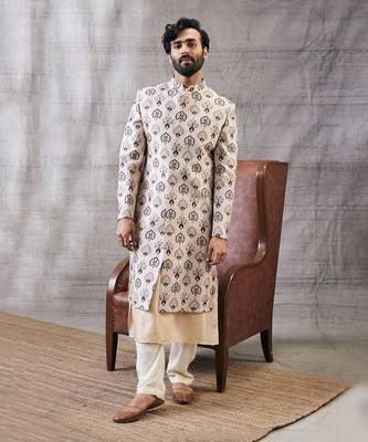 Sarouk Beige Printed Sherwani Set 1