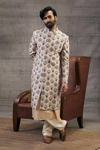 Sarouk Beige Printed Sherwani Set