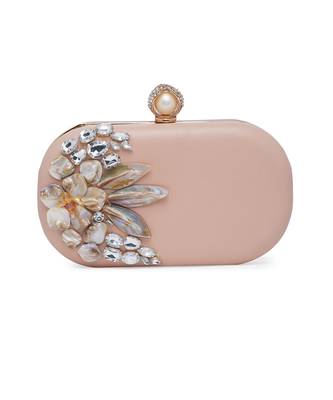 Pink Stonework Embroidered Pure Leather Clutch 1