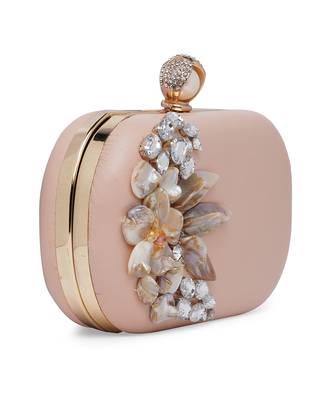 Pink Stonework Embroidered Pure Leather Clutch 2