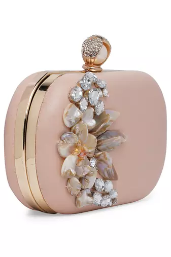 Pink Stonework Embroidered Pure Leather Clutch