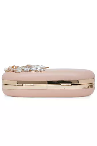 Pink Stonework Embroidered Pure Leather Clutch