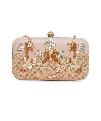 Pink And Gold Embroidered Pure Leather Clutch 1