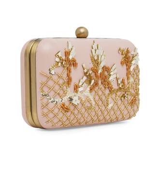 Pink And Gold Embroidered Pure Leather Clutch 3