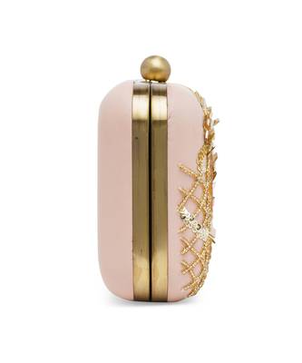 Pink And Gold Embroidered Pure Leather Clutch 4