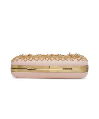 Pink And Gold Embroidered Pure Leather Clutch 6