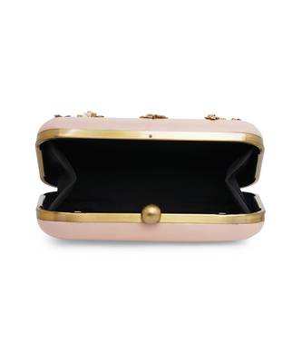 Pink And Gold Embroidered Pure Leather Clutch 7