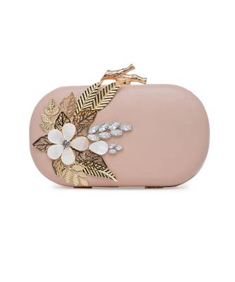 Gold And Pink Embroidered Pure Leather Clutch 1