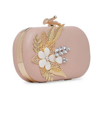 Gold And Pink Embroidered Pure Leather Clutch 2