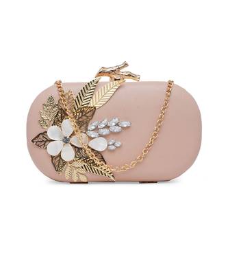 Gold And Pink Embroidered Pure Leather Clutch 7
