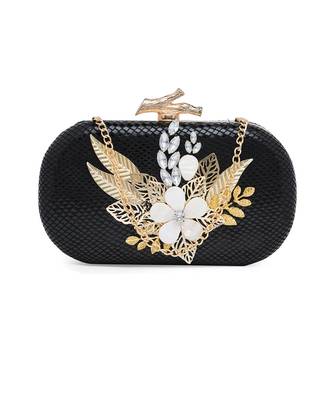 Black Leather Hand Embroidered Clutch 1