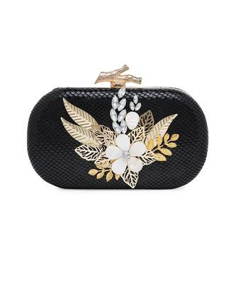 Black Leather Hand Embroidered Clutch 2