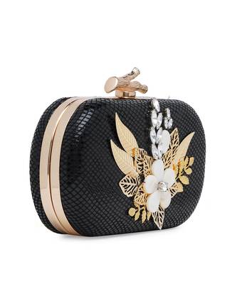 Black Leather Hand Embroidered Clutch 3