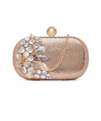 Pure Leather Embroidered Clutch In Gold 1